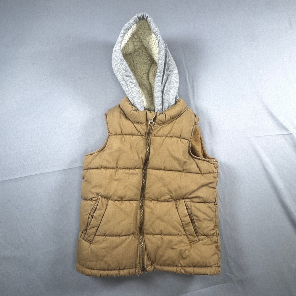 Old Navy Boys Brown Quilted Puffer Vest Hooded Faux Shearling Lining 5T